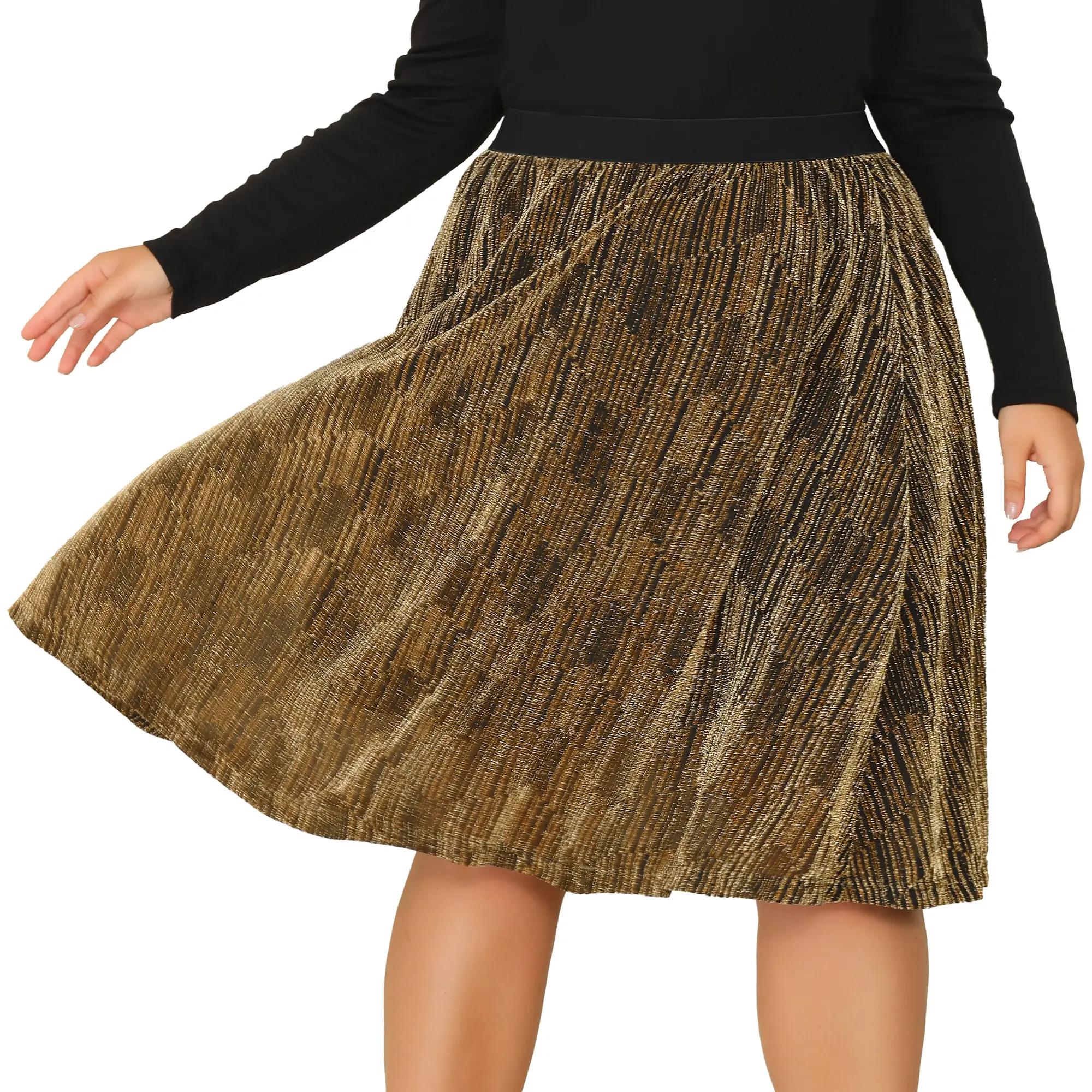 Agnes Orinda Plus Size Metallic Elastic Waist Party Glitter Sequin Sparkle Skirt Gold