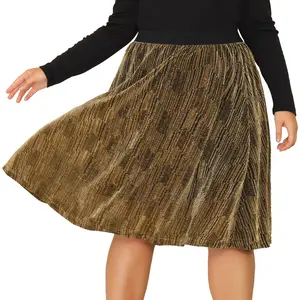 Agnes Orinda Plus Size Metallic Elastic Waist Party Glitter Sequin Sparkle Skirt Gold