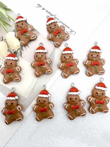10pcs Resin Gingerbread for Man Pendant with Christmas Hat, Suitable for DIY Jewelry Making, Perfect for Earrings, Necklaces, Bag And Key Chain Accessories, Gingerbread Christmas Decorations