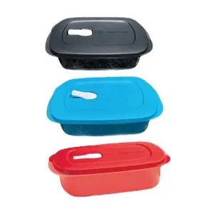 Microflash 1L Trio Set - Microwave Safe Food Storage Containers with Blue Red & Black Lids - Durable Stackable Design for Meal Prep & Reheating - Easy Clean High Temperature Resistant