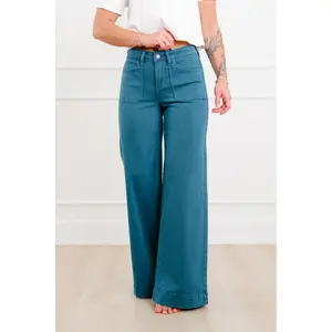 Judy Blue Mid Rise Teal Utility Pocket Wide Leg Jeans