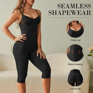 Suprenx Women's Seamless Knit Spaghetti Strap Spandex Capri Shapewear Bodysuit - Firm Tummy Control, Butt Lift Jumpsuit, 3/4 Length, Adjustable Straps, Minimalist Basic Fabric, Smooth Elegant for Everyday Casual Wear