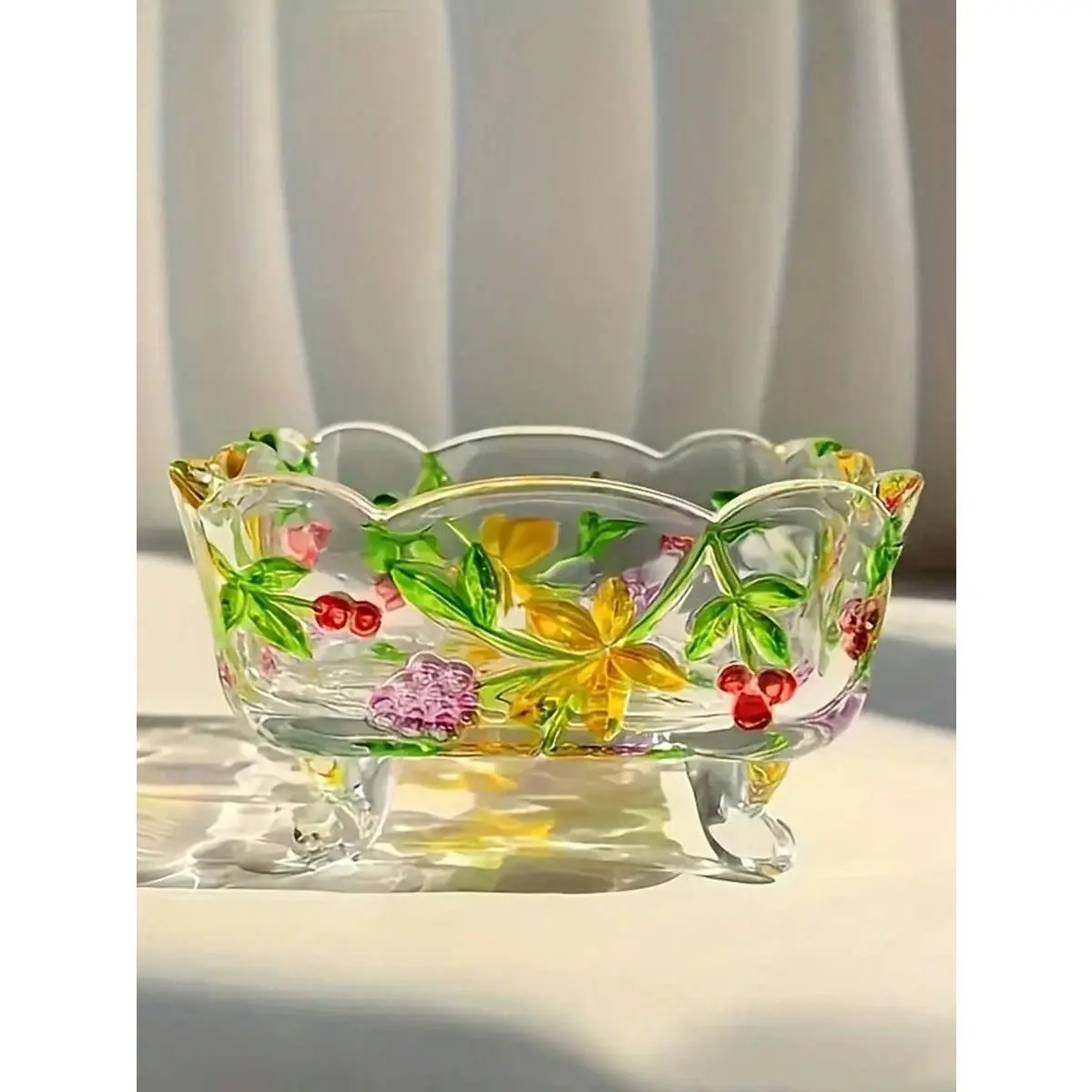 Handmade Vintage Multicolor Glass Ashtray with Flower Motif - European Rectangular Decorative Home Decor, Desktop Organizer