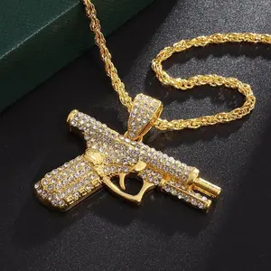 Iced Out Bling Pistol Pendant Necklace for Men, Hip Hop Streetwear Rhinestone Jewelry