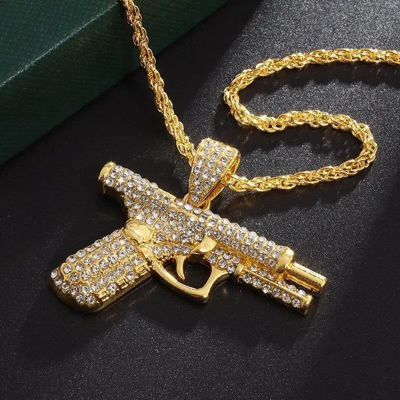 Men's Iced Out Cuban Link Chain with Sparkling Rhinestone Pistol Pendant, Hip Hop Streetwear Trendy Costume Jewelry, Sparkling Rhinestones Chains