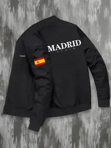 Men's Madrid Fan Jacket, Full Zipper Coat with Spanish Flag and Badge, Stand Collar, Casual Outdoor Fabric