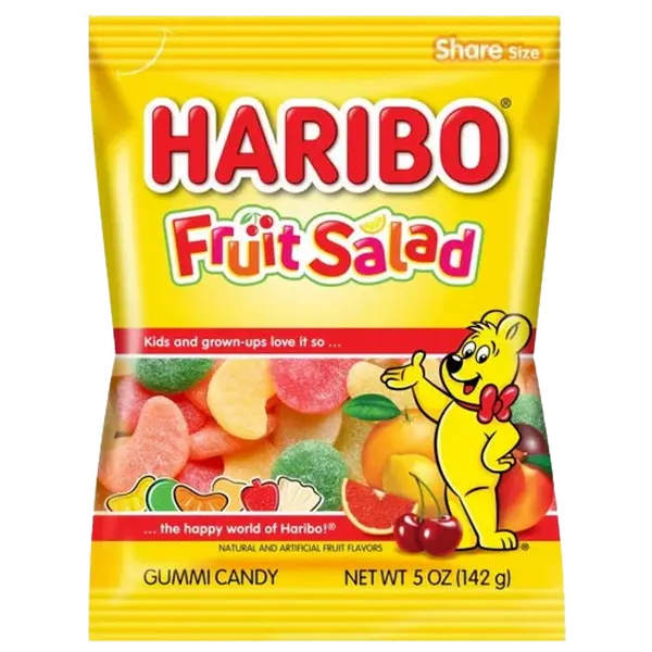 Haribo Fruit Salad Gummi Candy Peg Bag 5oz. 12 ct. - Sweet and Soft Gummy Candy in Mixed Fruits Flavors - 12 Count Box Bonbon Snack