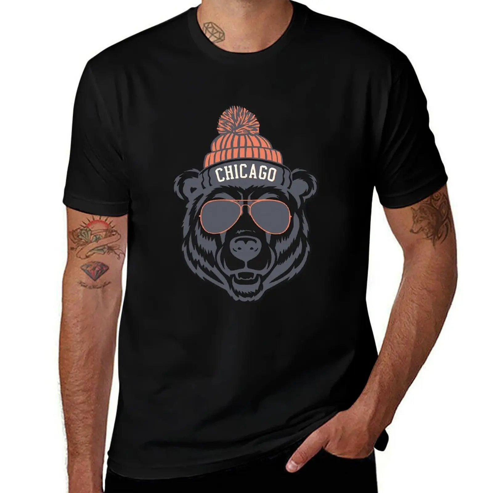 Men's Vintage Chicago Football Bear Graphic Cotton T-Shirt - Soft Knit Round Neck Short-Sleeve, Black with Orange & Gray Design, Relaxed Fit Breathable Fabric Tee, Heat Transfer Print, All Seasons Christmas Casual Wear for Daily & Sports Outings, Clothes