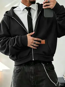 Men's Hooded Sweatshirt: A zip-front hoodie featuring refined leather-look graphic details. This lightweight piece is ideal for transitional weather in early autumn and winter, offering versatile styling options—perfect for layering or wearing on its own.