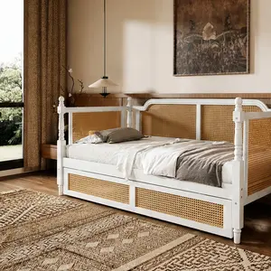 ARCH Twin Size Daybed with 2 Drawers, Traditional Rattan Style Wood Bed Frame, Antique White, No Box Spring Needed, for Bedroom Guest Room, Solid Pine Wood, Vintage Storage Bed, Twin Size Options, Antique White Color Options, Wood Material