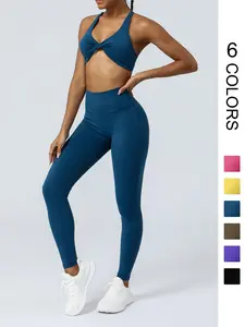 Women's Solid Criss Cross Back Crop Sports Bra & High Waist Leggings Tracksuit Set, Sporty Casual Breathable Outfits for Yoga Gym Workout Running, Ladies Sportswear for All Seasons Workout Running Clothes