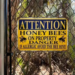 Honey Bee Warning Sign, Weatherproof Aluminum Metal Sign, Wall Art for Home Garage Garden Outdoor Decor, Alert and Decorate