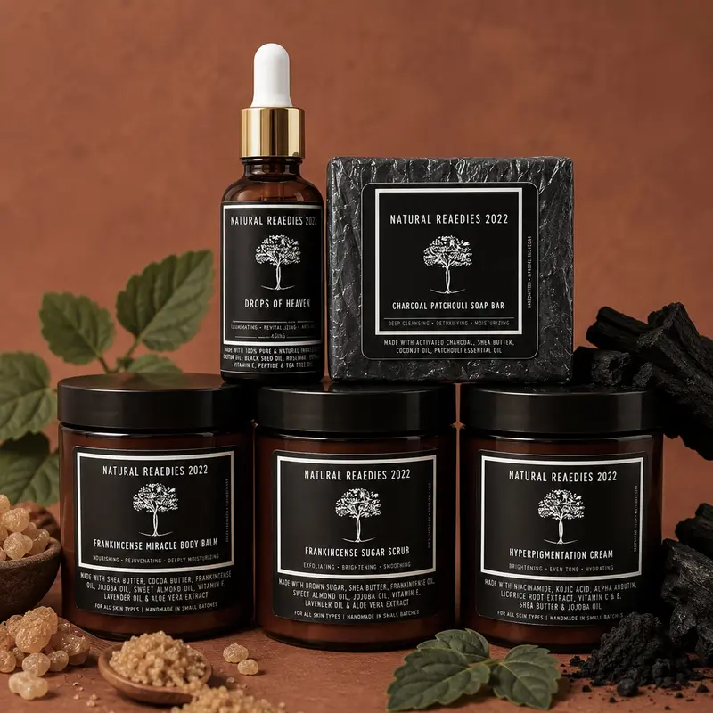 Hyperpigmentation Cream, Miracle Body Balm, Suga Scrub, Drops of Heaven Serum, Charcoal Patchouli Goat Soap,