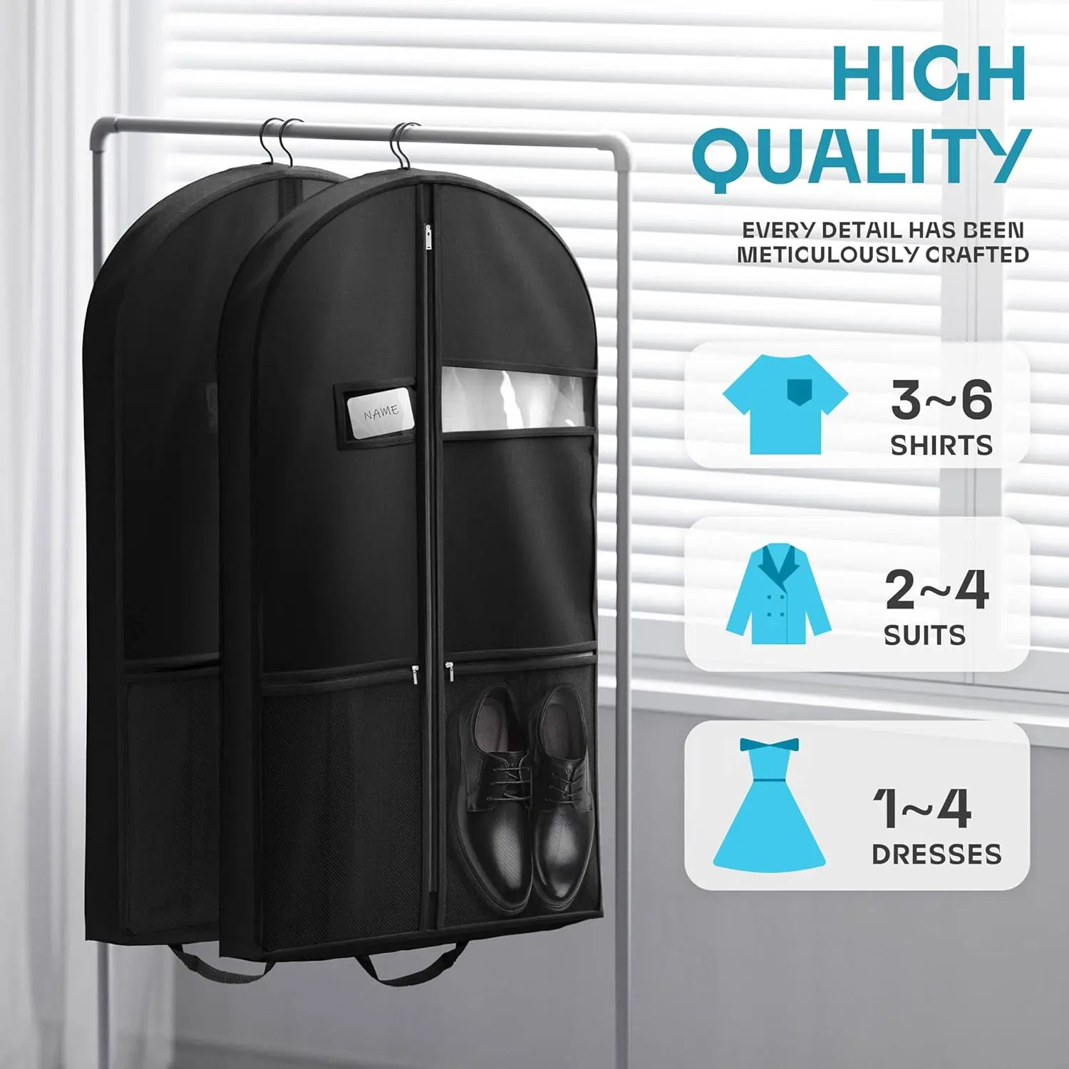 43" Travel Garment Bag with Accessories Zipper Pocket, Heavy Duty Suit Bag for Suits, Tuxedos, Dresses, Coats, Black, 1 pack