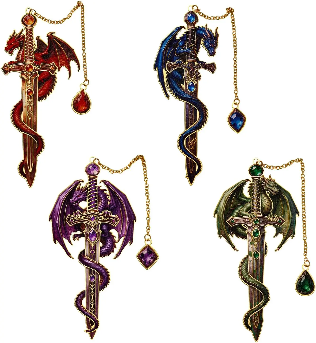 4 Pcs Fantasy Dragon Sword Bookmarks, Metal Page Markers with Crystal Dangle Charm, 3D Vintage Book Accessories for Journals, Planners, Novels, Unique Gift Set for Book Lovers