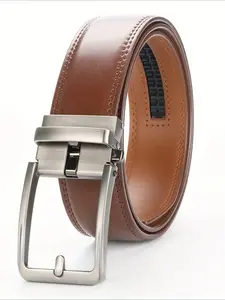 Genuine Leather Ratchet Belt for Men, Adjustable Alloy Automatic Buckle, Business & Casual Style, Vintage Leather Belt, Fashion Belt