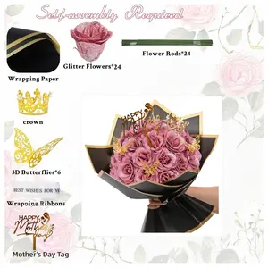 24PCS Glitter Rose Bouquet for Mom, Sparkling Pink & Gold Faux Flowers, Artificial Flowers with Crown, Butterfly & “Happy Mother’s Day” Sign, Never-Fade Gift for Table Centerpiece, Breakfast in Bed Surprise, Family Photo Prop