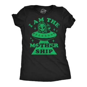Womens Funny T Shirts I Am The Mother Ship Sarcastic Alien UFO Graphic Novelty Tee for Ladies Funny Womens T Shirts Cute Vintage Fashion Casual Ladies T-Shirt Gift Sarcastic Tops for Women Funny Space Top Black -