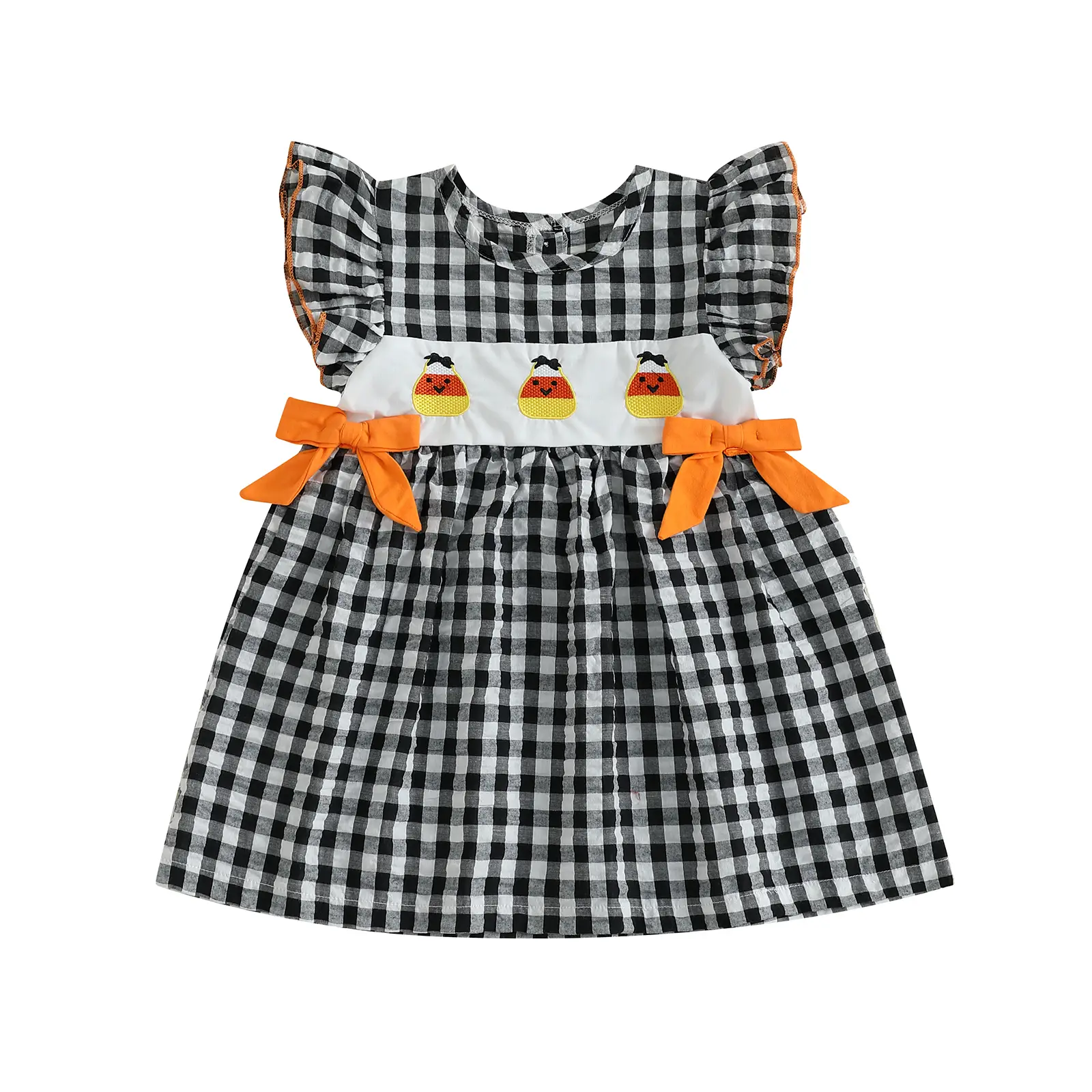 FOCUSNORM Toddler Baby Girl Smocked Halloween Dress Flying Sleeve Pumpkin Embroidery Dresses Halloween Outfit for Girls