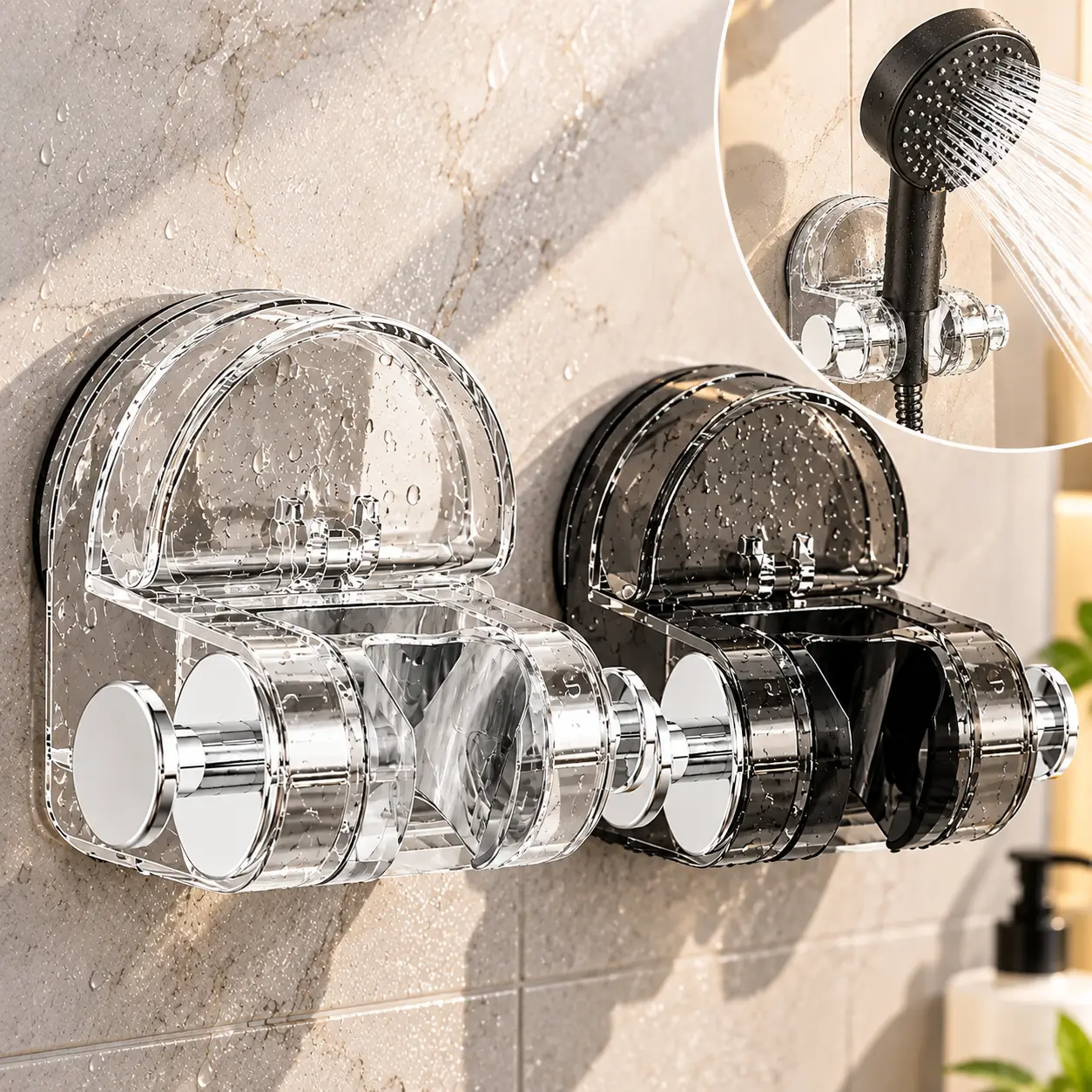 ANRA Adjustable Plastic Shower Holder, No Drilling Required, Reusable Suction Cups for Smooth-Surface Fit, 1 Unit Bathroom Wall Mount for Handheld Showers, Secs-Long Reposition, Easy Setup - Check Surface Compatibility First