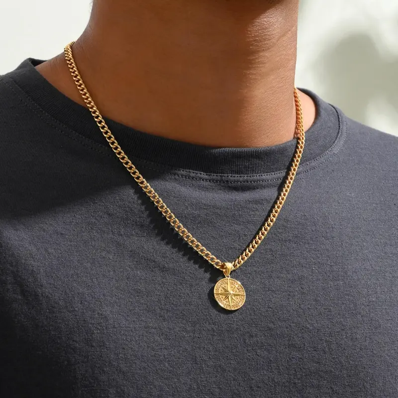 Men's Street Trend Compass Design Pendant Necklace, Trendy Vintage Retro Copper Pendant Necklace, Chic All-match Jewelry As Gift for Boyfriend, Daily Versatile Chain, Pendant With Necklace