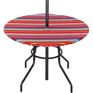 Poise3EHome Fitted Round Outdoor Tablecloth, Polyester SpillProof Stripe Table Cloth with Umbrella Hole Zipper Elastic for Patio Garden Poolside Picnic Fits to 40"-46" Patio Table