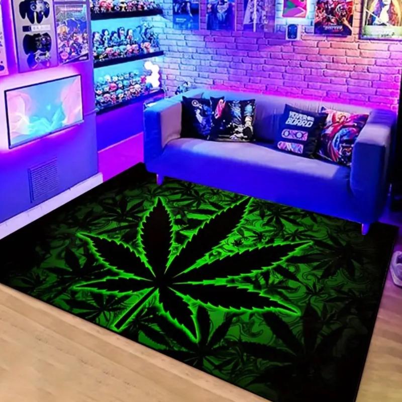 Fluorescent Marijuana Leaves Black Felt Rug - Indoor/Outdoor Use - 15x23/19x31/31x47/39x59/47x63/63x78inches - Machine Washable - 1000g/m²