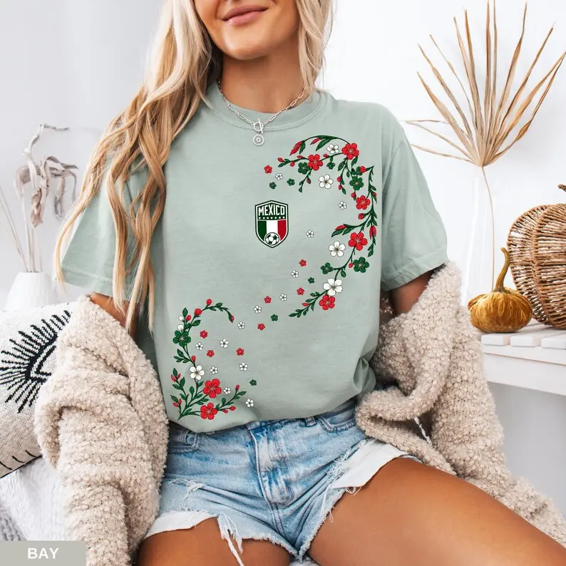 Comfort Colors Mexico Soccer Shirt, Floral Football Fan Graphic Tee, Game Day T-Shirt, Women's Sports Fan Gift Unisex