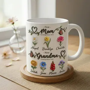 Personalized Birth Flower Mom Grandma Mug , Custom Nana Names Ceramic Gift, 2D Printed 3D Effect, gift for her, gift for him, gift for mom, gift for dad, gift for friend, birthday gift mug.