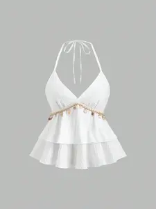 Boho Style Casual Halter Top with Shell Fringe, Backless Butterfly Knot Tie Front, Layered Ruffle Short Sleeve Summer Dress for Women Bohemian