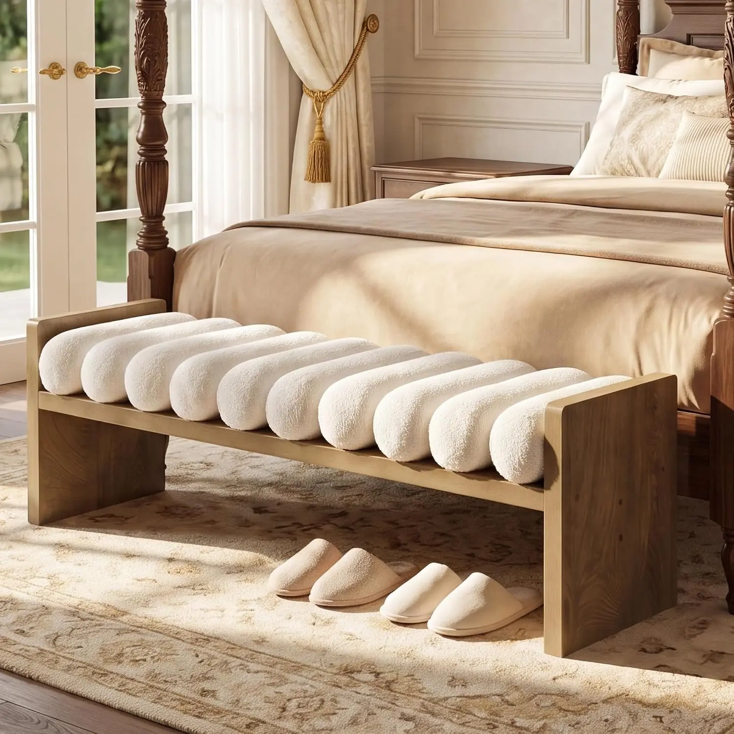 Tribesigns 59'' Wooden Entryway Bench with Boucle Cushion | Upholstered Fabric End of Bed Bench, Aesthetic Large Oval Ottoman for Living Room, Hallway (Removable Cushion)