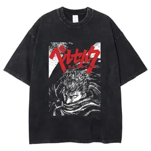 Guts Black Swordsman Berserk Acid Washed Shirts, Vintage Anime Gym Shirts, Mineral Heavyweight Cotton Tee Loose-Fit Sizes S-3XL For Anime Lovers