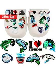 21-Piece Fishing Theme Shoe Charms Set, Unique Removable Durable PVC Shoe Accessories, Sporty Style Footwear Decorations, Outdoor Party Gifts, Shoe Embellishment Set