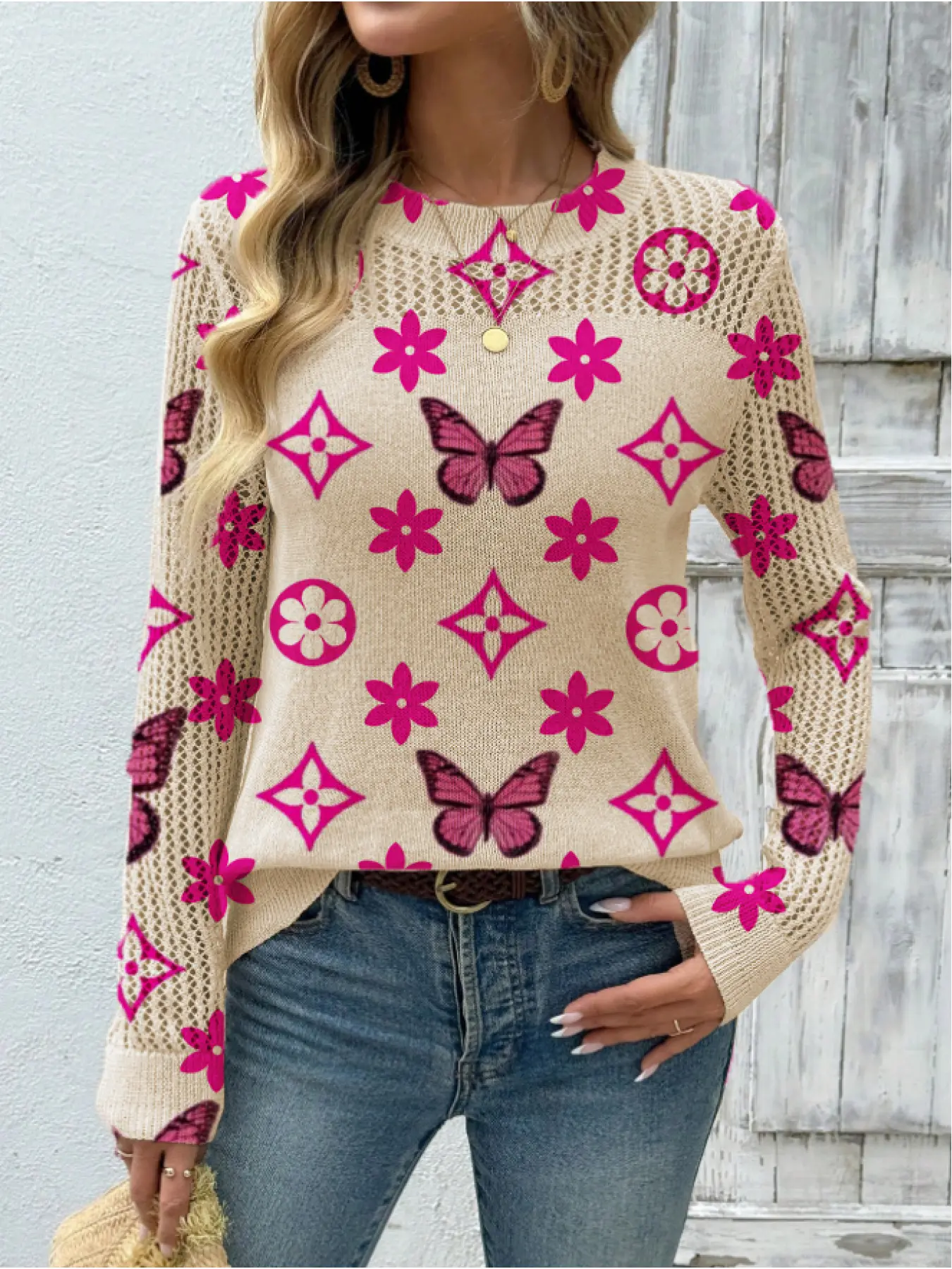 Women's Geometric Butterfly Print Crewneck Pullover Top Fitted Short Sweater Tops, Casual Chic Long Sleeve Knitwear for Fall Winter, Comfortable Warm Daily Wear