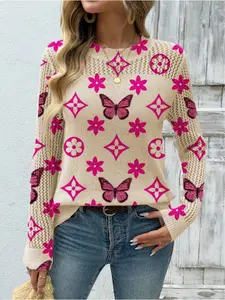 Women's Geometric Butterfly Print Round Neck Fitted Sweater, Casual Long Sleeve Knitwear for Fall Winter, Comfortable Warm Daily Wear