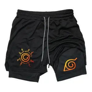 Nine Tails Kyubi and Konoha Leaf Village Men's 2-in-1 Double Layer Drawstring Gym Shorts, Stretchy Quick Dry Athletic Training Shorts