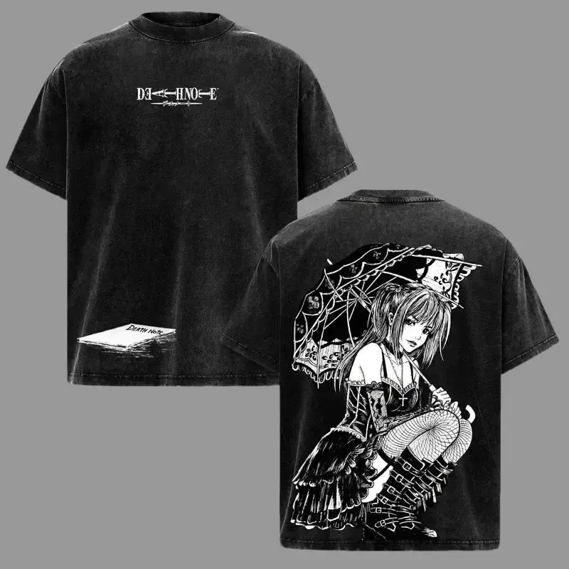 Men's Vintage Washed T-Shirt in Heavyweight Cotton, Death Note Misa Amane Graphic, Oversized Short Sleeve Streetwear with Round Neck, Casual