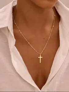 1 Piece Elegant Bead-Accented Cross Pendant Necklace, Exquisite, Stylish and Minimalist Cross Necklace, Chic and Cute Unisex Jewelry Gift, Cross Chain Design