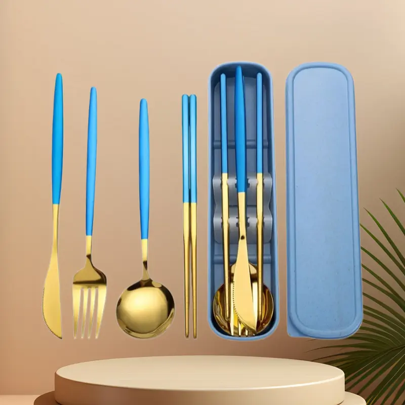 Silverware Flatware Cutlery Set, Stainless Steel Portable Tableware Set Korean Set Spoon Fork Chopsticks Student Outdoor Tableware Set(Pink Gold, 4Set)