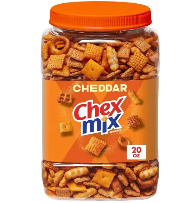 Chex Mix Cheddar Snack Mix, Resealable Tub, 20 oz | Corn & Wheat Chex, Pretzels, Cheese Crackers, Mini Breadsticks, 50% Less Fat than Regular Potato Chips