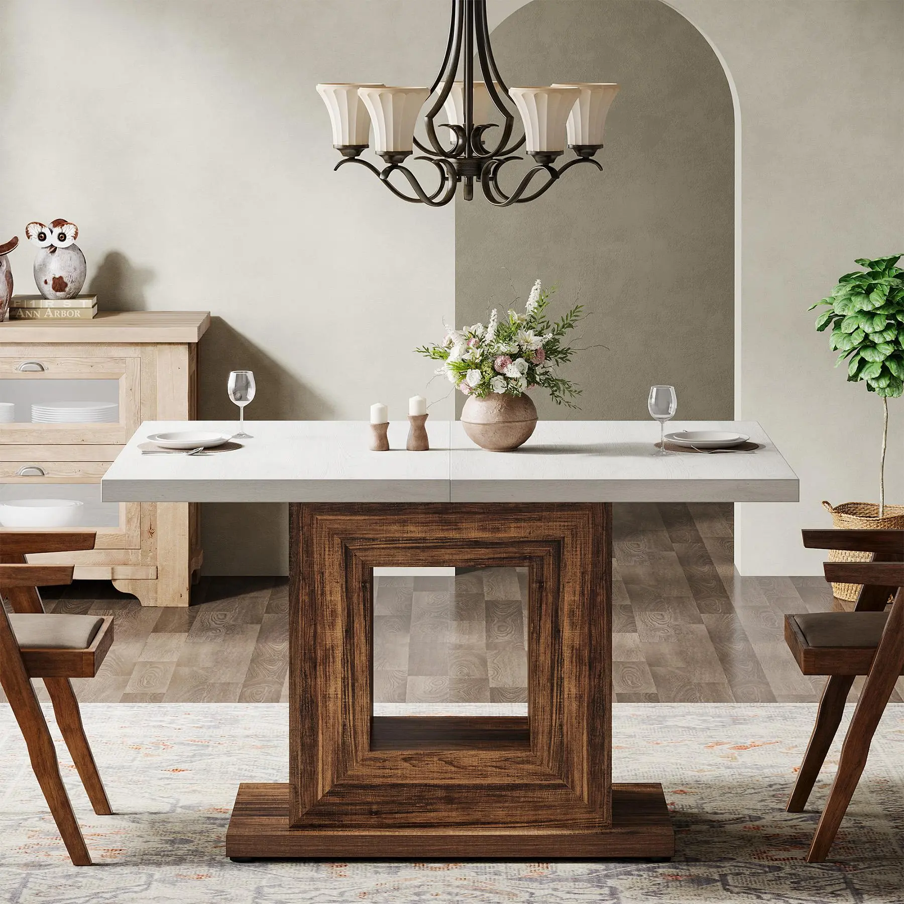 TRIBEWOOD  47-Inch Farmhouse Dining Table for 4, White Kitchen Dinner Table with Heavy Duty Pedestal, Rustic Wooden Eating Table for Home, Dining Room, Small Space