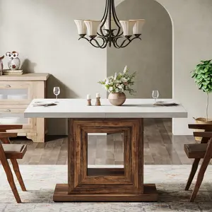 TRIBEWOOD  47-Inch Farmhouse Dining Table for 4, White Kitchen Dinner Table with Heavy Duty Pedestal, Rustic Wooden Eating Table for Home, Dining Room, Small Space