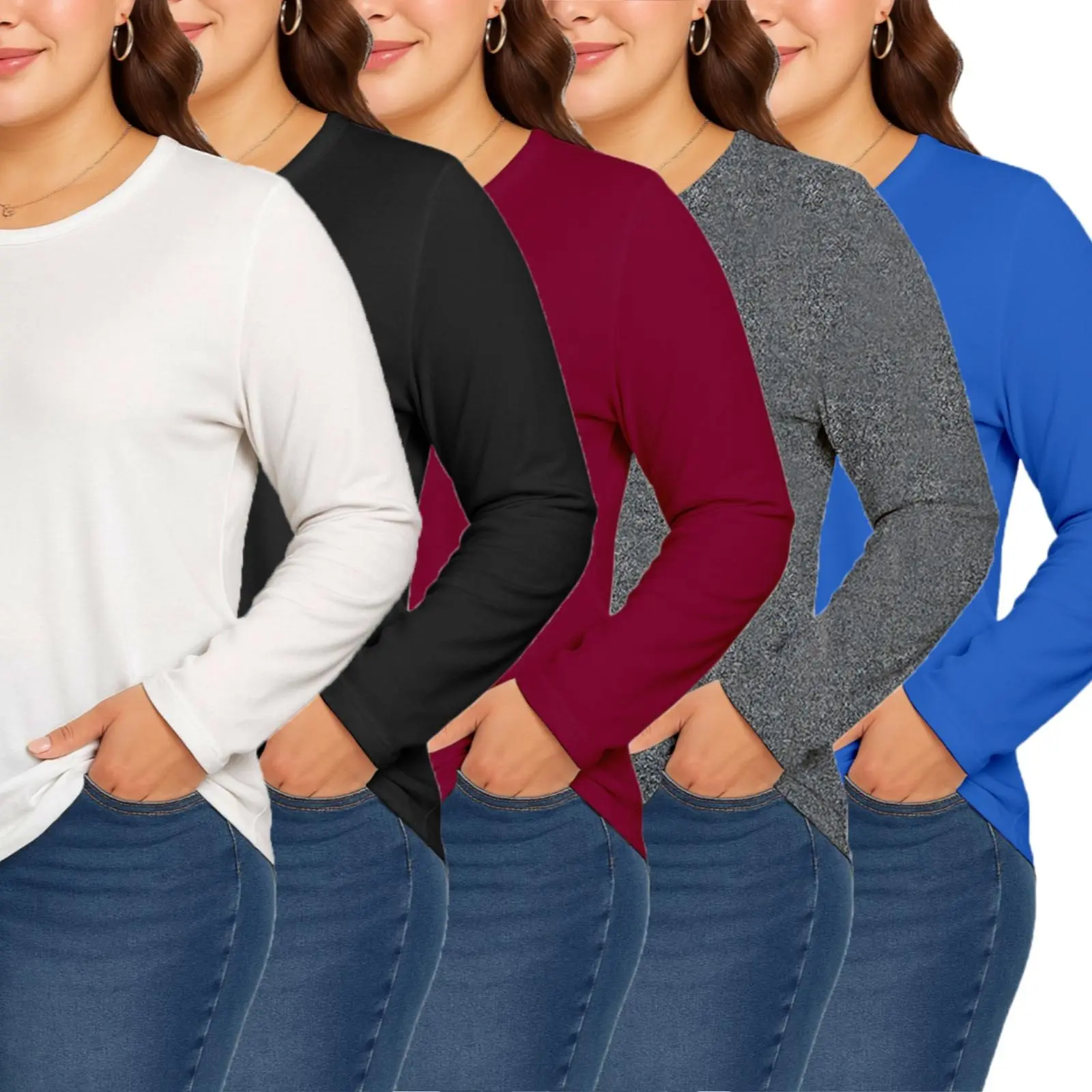 5-Piece Plus Size Women's Long-Sleeve Top Set, Women's Fashionable Crew Neck Long-Sleeve Tops, Comfortable Streetwear for Women Casual, Versatile Basics Essential Daily Wear for Women