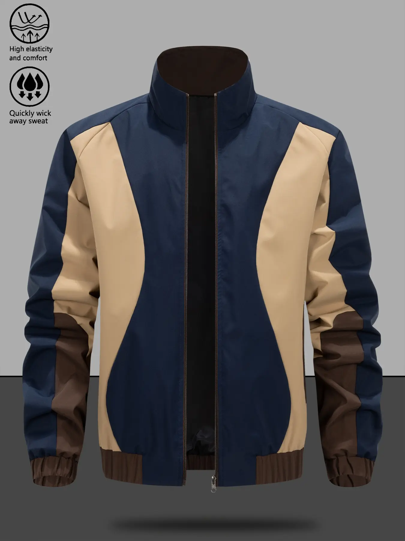 Men's Casual Patchwork Long Sleeve Zippered Jacket, Lightweight Multi-Color Design, Simple Fashionable Fitted Style, Perfect for Outdoor Adventures & Leisure Wear, Coats, Zip Up Jacket