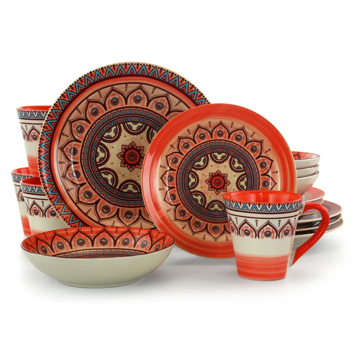 Elama ELM-ZEN-RUST-MOZAIK Zen Rust Boho Pattern Stoneware Dinnerware Set - 16-Piece, Everyday Use, Dishwasher Safe, Includes Dinner Plates, Vibrant Color Tones
