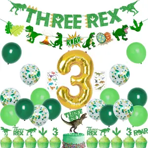 Dinosaur 3rd Birthday Decorations - 'Three Rex' Banner, Balloons, Cake Toppers, Tattoos for Boys & Girls