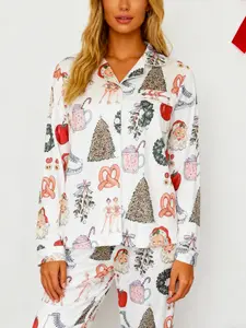 Women's Christmas New York City Pajama Set, Lapel Button Long Sleeve Top & Loose Comfortable Pants, Casual All-Over Print Sleepwear, Lady