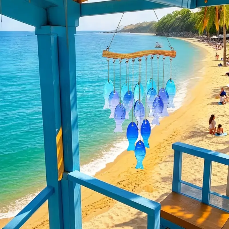 Large Handmade Blue Glass Fish Wind Chime, Vibrant Spherical Design, Perfect for Garden, Patio, Beach, Weddings, Holidays