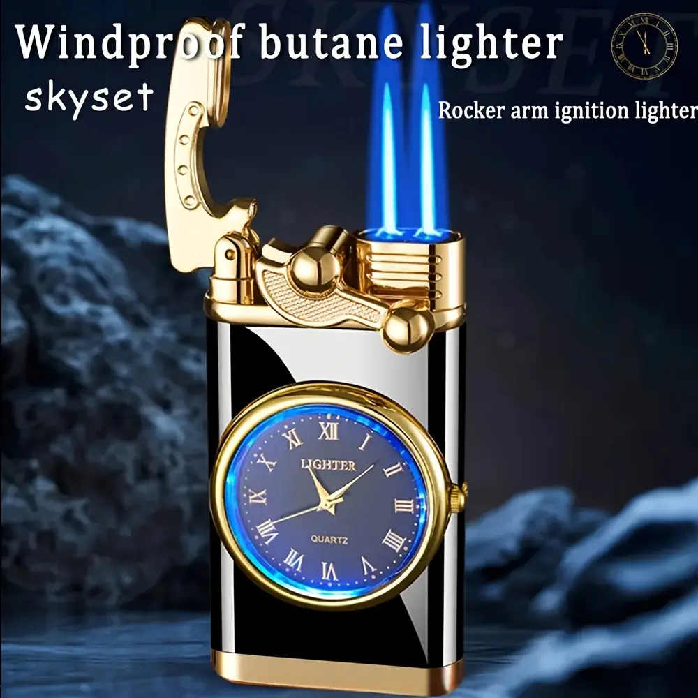 (Butane Gas Not Included) Vintage Torch Lighter with Roman Numeral Clock - Portable Blue Flame Refillable Fuel Lighter, No Electricity Required - Elegant Gift