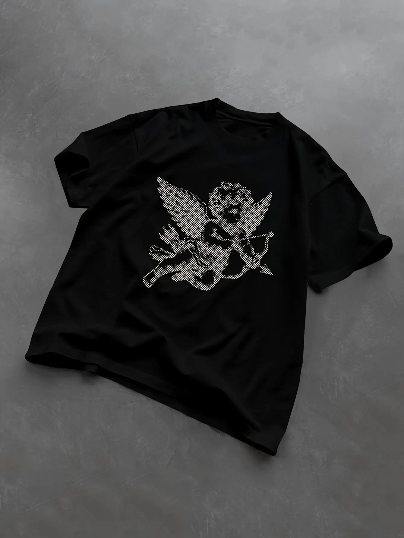 Cupid Angel Pattern Print Round Neck T-Shirt, Loose Comfortable T-Shirt, Outdoor Apparel, Youthful Street Round Neck T-Shirt, Men'S Summer Clothing